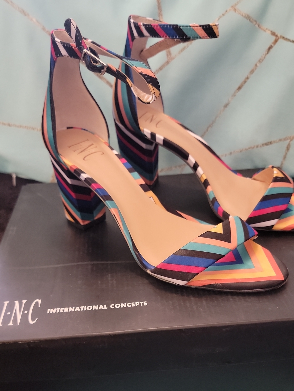 INC International Concepts Multicolor Striped Ankle-Strap Block Heels
